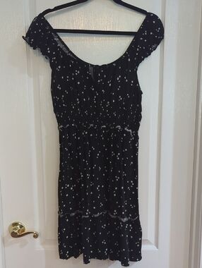Wild Table  Black Mini Dress with White Dot Floral Print Sz L